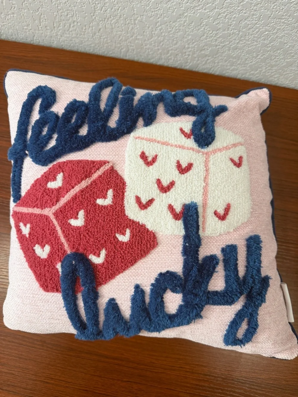 Cupcakes and cashmere Feeling Lucky Embroidered Dice Throw Pillow - Pink & Blue